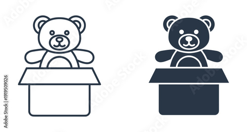 Minimalist vector illustration of a cute teddy bear inside open cardboard gift box
