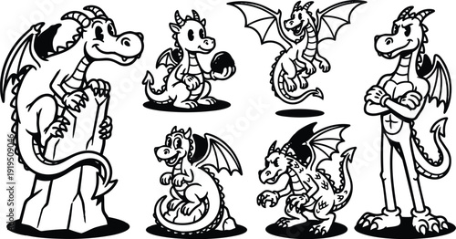 Tattoo flash cartoon dragon character set in playful poses holding egg climbing rock flying and standing with crossed arms smiling
