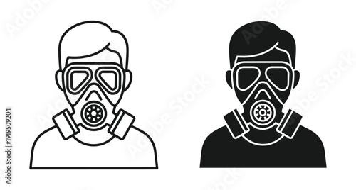 Person wearing protective respirator mask for safety against toxic fumes hazardous chemical environments