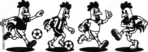 Retro cartoon mascot roosters playing soccer four poses side view kicking dribbling passing celebrating black and white vector sporty art