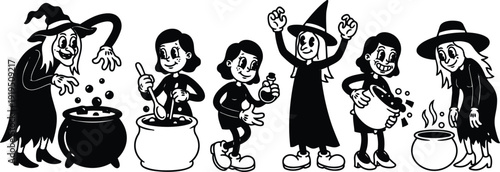 Tattoo flash vintage witches stirring cauldrons and brewing potions group with smiling faces bold outlines playful composition black white linework