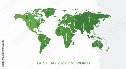 Earth Day 2026 vector illustration, one world map with wind turbines, green eco-friendly concept.