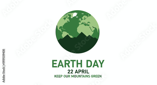 Earth Day icon vector illustration, globe with mountains, celebrating 22 April, eco-friendly message. Created in green style with earthy tones.