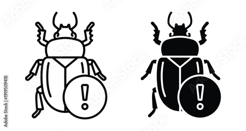 Black and white beetle icons with alert sign representing computer virus or system error