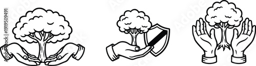 Line art icons showing hands holding and protecting a tree three variations close up vector badge shield composition minimalist outline