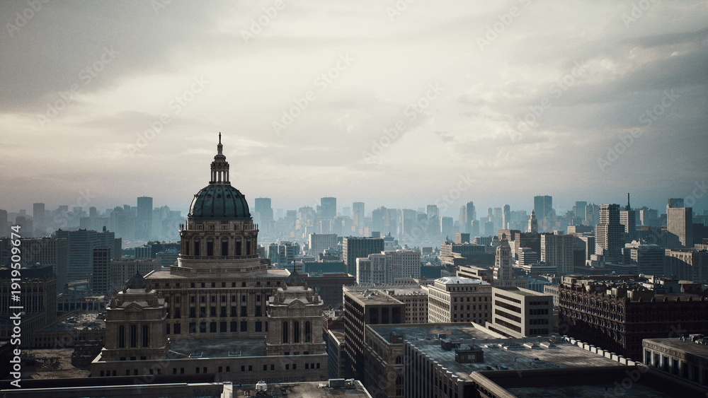 Obraz premium aerial view capitol dome skyline hazy, cinematic twilight over historic government building wide rooftop vantage captures ornate dome and dense urban grid,