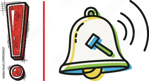A two-panel vector graphic featuring a bold red exclamation mark with a 3D effect on the left, and a ringing white bell with colorful accents and a blue mallet on the right.