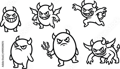 Line art cartoon set of six mischievous devil characters in varied poses holding trident and snarling expressions playful black outline