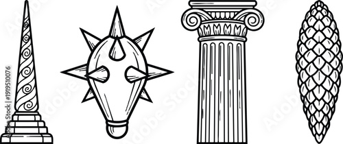 Line art vector set four ancient symbols spiral obelisk spiked mace ornamental ionic column pine cone close up front view