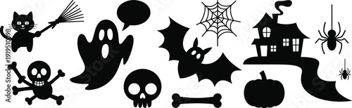 Halloween black silhouette icons, spooky ghost skull bat pumpkin, haunted house spider web, creepy cat broom bone, scary vector illustration