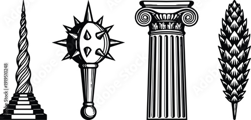 Engraving style vertical composition of twisted obelisk and spiked mace with ionic column and pine cone close up dramatic