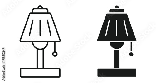 Minimalist table lamp icons featuring outline and solid versions for home lighting and decor