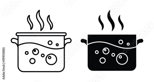 Set of two cooking pot icons showing boiling water with steam and bubbles