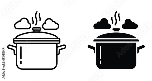 Minimalist kitchen saucepan icons showing hot steam rising from a closed lid design