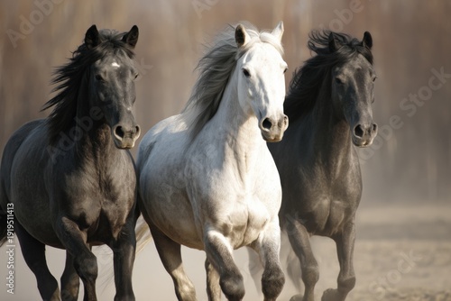 Three majestic horses running freely on a dusty path
