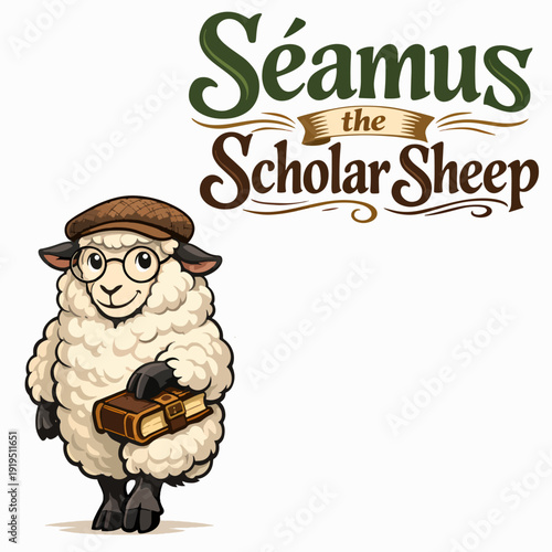 Adorable Seamus the Scholar Sheep wearing glasses and carrying books, symbolizing intelligence, culture, curiosity, and rural wisdom blended with humor and gentle personality