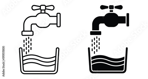 Set of linear and silhouette icons showing a faucet pouring water into a tank