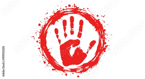 Red handprint symbol on white background with paint splatters.