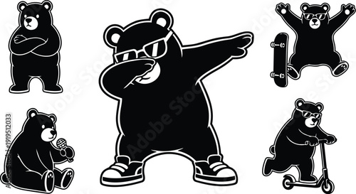 Cartoon vector bears dabbing with sunglasses and sneakers performing tricks skateboard scooter singing with microphone sticker sheet in bold outline