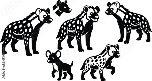 Flat design playful hyena pack in profile standing walking and pup silhouette set black and white vector close up illustration
