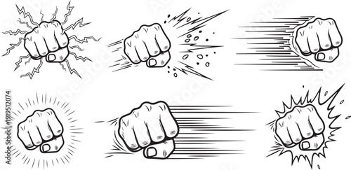 Illustration of fists with different effects and styles isolated on white background, Vector