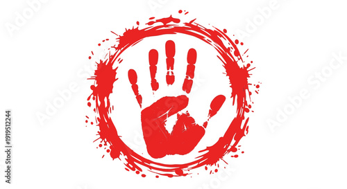 Red handprint symbol on white background with paint splatter effect.