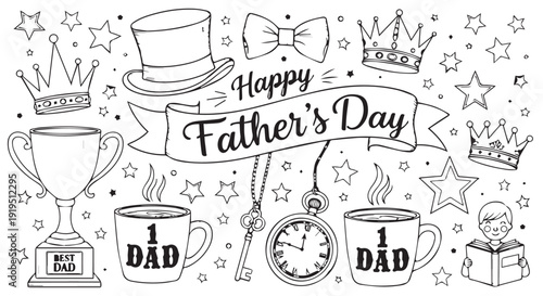 Father's day celebration with trophies, crowns, and mugs in a whimsical sketch style isolated on white background, Vector