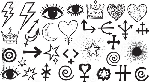 A collection of diverse symbols and icons in a black and white illustration isolated on white background, Vector