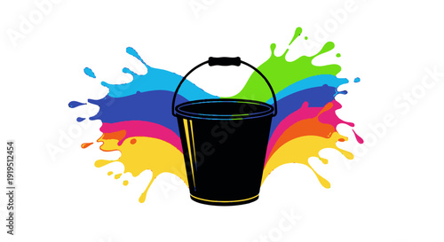 Black bucket with colorful paint splatters.
