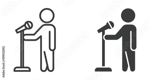 Two simple black icons representing a speaker or singer using a microphone on stand
