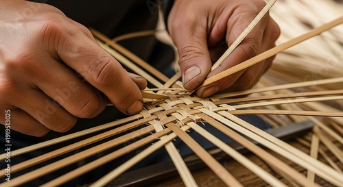 Hands meticulously weaving a natural fiber basket showcasing craftsmanship