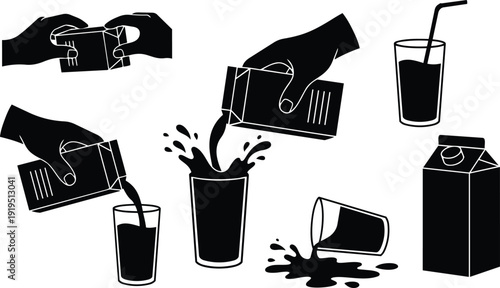 Silhouette flat design close up hands pouring juice from carton into glass with splash spill and straw sequence black white