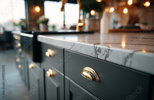 The modern kitchen cabinets showcase a refined grey finish, gold hardware, and marble countertops, and when the drawers are opened, natural wood interiors are revealed, creating a blend of classic