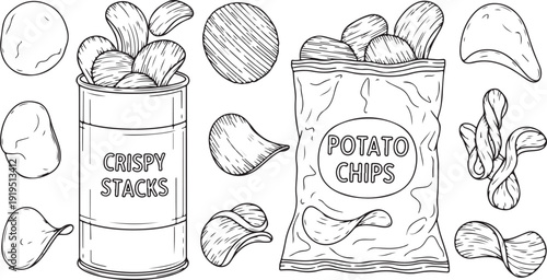 Assorted bags of chips and snacks displayed with individual chips scattered around. isolated on white background, Vector