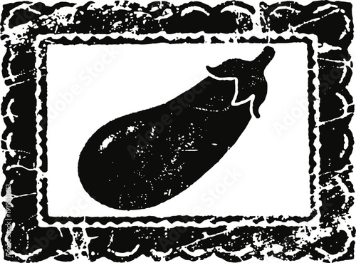 Vintage eggplant vegetable illustration with decorative textured frame in black and white