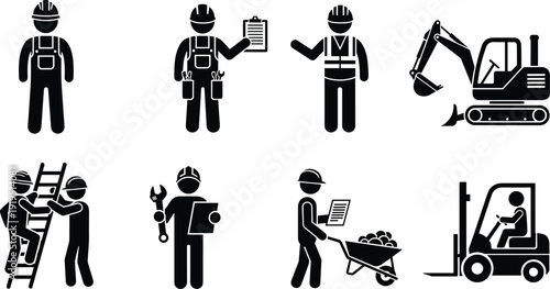 Construction worker icons set, industrial labor silhouettes, engineer equipment, safety helmet symbols, building site activities, heavy machinery operator, maintenance service illustration