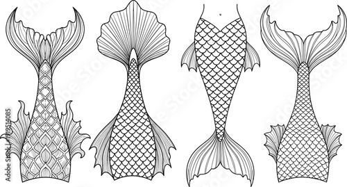 Mermaid tail line art illustration, fantasy sea creature scales, aquatic design, mythical marine symbol, underwater theme, decorative tattoo style artwork