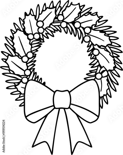 Christmas wreath outline with holly, pine needles, berries, and large bow decoration
