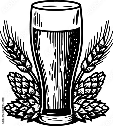 Beer glass with hop cones and wheat spikes, vintage alcohol beverage illustration in black and white