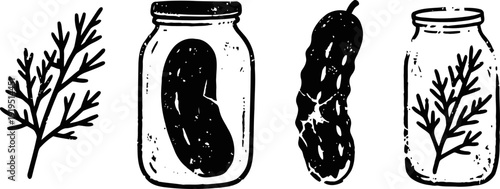 Hand drawn dill sprigs and whole and sliced pickles in jars in black ink line art