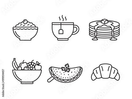 Collection of breakfast food icons including pancakes, fruit, and pastries