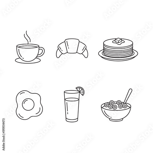 Collection of simple line art icons representing a typical breakfast meal