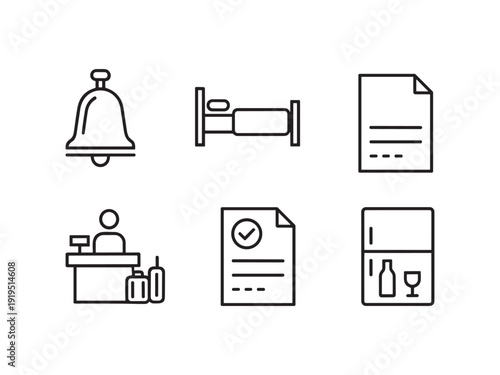 Set of hotel service icons including bell, bed, document, reception, and mini bar