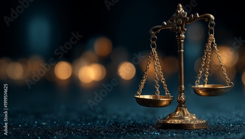 Golden justice scales, when balanced, denote fair economic compromises between taxes and public services, with abstract bokeh lights imparting a sense of gravitas and clarity