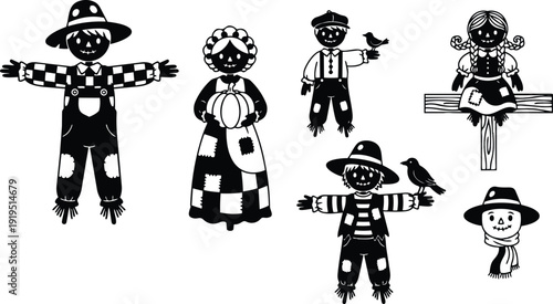 Folk art linocut scarecrow characters in flat vector style row showing smiling rustic dolls on white background hand drawn patchwork