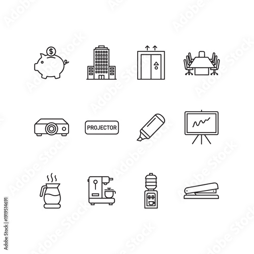 Collection of business and office icons representing finance, building, and meeting essentials