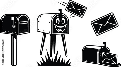 Retro cartoon vector mailbox icons smiling mailbox launching envelopes aerial envelope close up side view flat black and white minimal