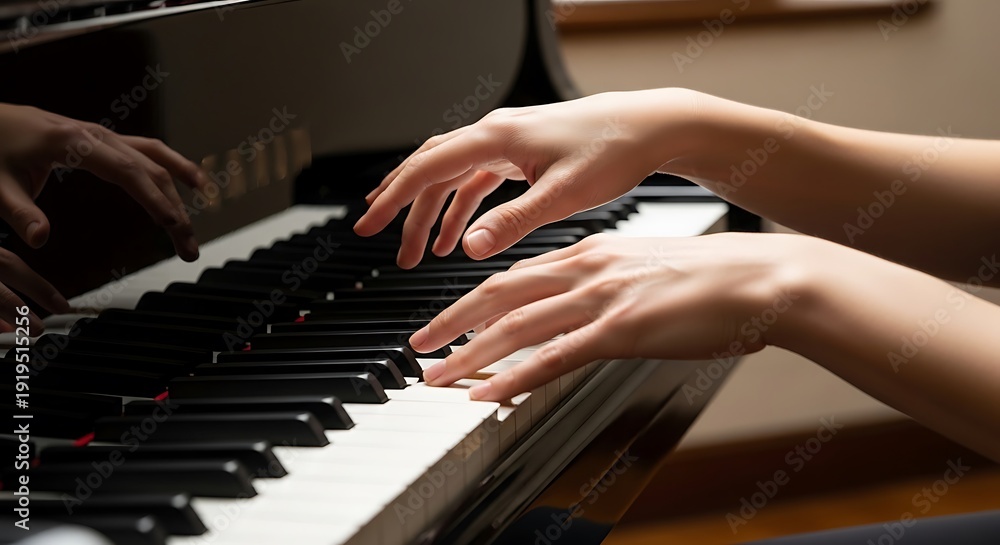 Fototapeta premium Elegant fingers playing a grand piano, expressing musical artistry