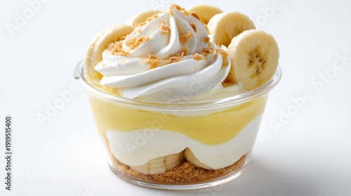 Wallpaper Mural Banana pudding in a clear dessert cup, focus on layers, bright white studio lighting Torontodigital.ca