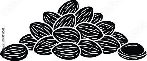 Line art close up pile of almonds in shells with one open nut low angle natural lighting white background clean